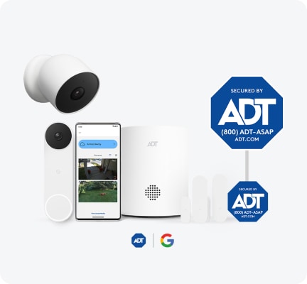Video Essentials package consisting of ADT door/window sensors, Google Nest Doorbell, ADT hub, ADT app, ADT motion sensor, ADT sign, ADT window sticker Video Essentials package consisting of ADT door/window sensors, Google Nest Doorbell, ADT hub, ADT app, ADT motion sensor, ADT sign, ADT window sticker